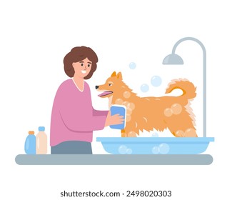 Mujer joven que lava y que limpia el perro peludo. Perro esponjoso feliz en el baño y la niña. Mascota y dueño. Concepto de adopción, voluntariado, cuidado de mascotas o ayuda. Ilustración plana de Vector aislada sobre fondo blanco.