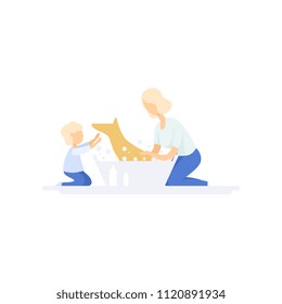 Young woman washing cute dog, kid helping her, family lifestyle concept vector Illustration on a white background