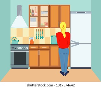 Young woman washing dishes on the kitchen. Back view. Girl in a red sweater. Kitchen interior with furniture. Modern flat style vector illustration