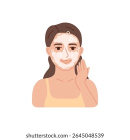 Young woman washing face with soap mousse, problematic skin treatment process. Skin care routine concept. Dermatology medical help method. Flat vector illustration