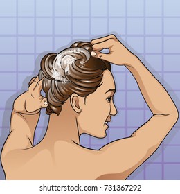 Young woman washing hair with shampoo in the shower