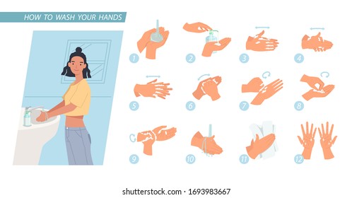 Young woman washing hands. Infographic steps how washing hands properly. prevention against virus and infection. Hygiene concept.  Vector illustration in a flat style