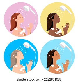 Young woman washing her head with shampoo and foam in bathroom in towel. Flat minimalist vector illustration. Hair treatment procedures. Body spa, cleaning head, cosmetic skin purity procedure