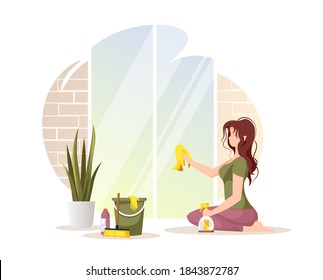 Young woman washing windows. Housework, cleaning home, tidy, sweep-up concept. Isolated vector illustration for poster, banner, advertising.