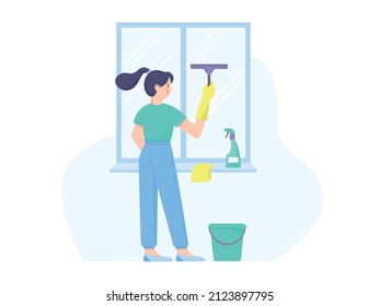 Young woman washing windows with scraper using detergent. General cleaning concept. Vector cartoon illustration on white background