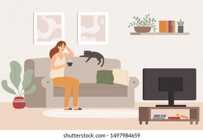 Young woman watch TV. Girl lying on couch with coffee mug and watching television show series. Female resting at cozy living room after work and watch movie vector illustration svg