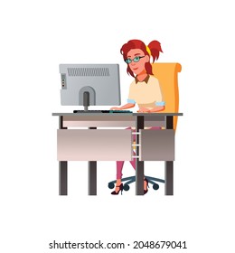 young woman watch webinar on computer at desk cartoon vector. young woman watch webinar on computer at desk character. isolated flat cartoon illustration
