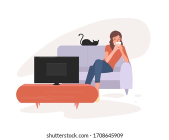 Young woman watches TV. Girl lying on couch with coffee mug and watching television show series. Female resting at cozy living room after work and watches movie. Vector illustration. svg
