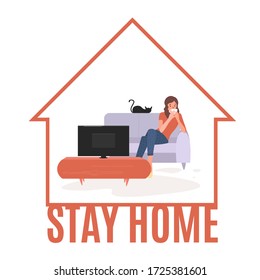 Young woman watches TV. Girl lying on couch with coffee mug and watching television show series. Female resting at cozy living room after work and watches movie. Vector illustration.