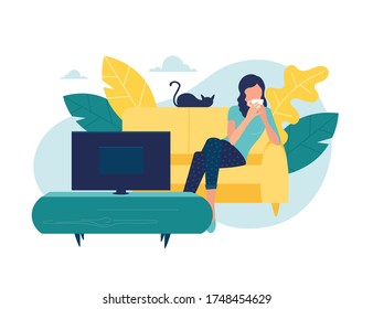 Young woman watches TV. Girl lying on couch with coffee mug and watching television show series. Female resting at cozy living room after work and watches movie.Vector illustration. svg