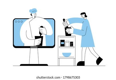Young woman watches a video recipe on the laptop and prepares food at home in the kitchen. Man chef teaches cooking new recipe. Concept of online recipes, home cooking. Vector flat illustration