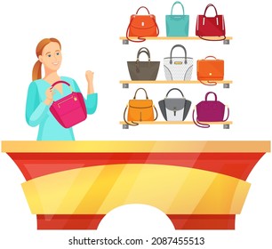 Young woman watching bags assortment standing on shelves at accessories store. Pretty girl choose handbag in market or shopping mall. Customer character spare time lifestyle. Seller stands at counter