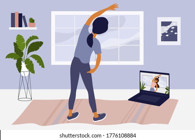 Young Woman Watching Online Classes On Laptop, Doing Side Bends, Stretching At Home. Video Of Sport Exercise With Instructor, Fitness Workout. Physical Activity, Healthy Lifestyle Vector Illustration.