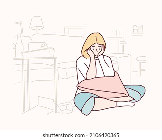 Young woman watching TV and feeling bored sitting on the couch in the living room at home. Hand drawn style vector design illustrations.