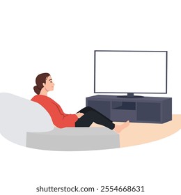 Young woman watching TV sitting on the sofa. Flat vector illustration isolated on white background