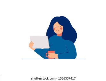 Young woman watching video on the tablet pc and drinking coffee. Female user of social media networks. Girl spending time online at home or at work. Vector illustration