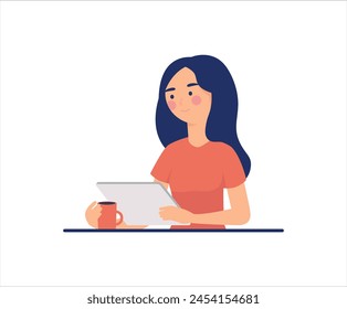 Young woman watching video on the tablet pc and drinking coffee Design Symbol Flat Style Vector