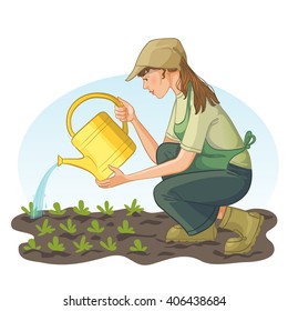 Young woman watering with can a bed in garden, vector image, eps10