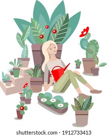 Young woman with watering can relaxes among her home plants. Objects isolated on white background