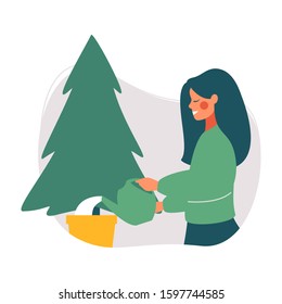 Young woman watering Christmas tree. Reuse xmas tree. Green Christmas concept. Vector flat illustration