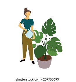 Young woman watering a flower in a pot. The girl takes care of the houseplant. Monstera. Indoor plant. Flat vector illustration.