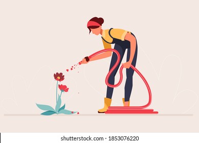 Young Woman Watering Flower with Water Hose Flat Design Concept, Young Female Gardening Vector Illustration