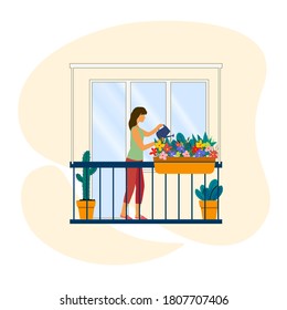 young woman is watering flowers with a watering can on the balcony. Gardening on the balcony. Stay at home lifestyle. Quarantine pandemic coronavirus. Flat vector illustration. Home garden