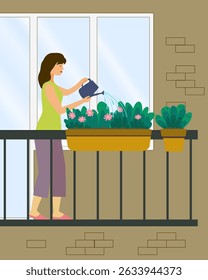 Young woman watering flowers with watering can on balcony. Gardening on balcony. Lifestyle at home. Flat vector illustration