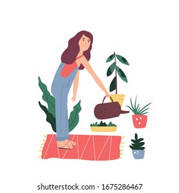 Young woman watering flowers at home. Gardener character. Favorite hobby concept