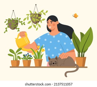 Young woman watering flowers in the house. The concept of growing and caring for plants pot at home. Gardening or horticulture. Flat vector illustration.