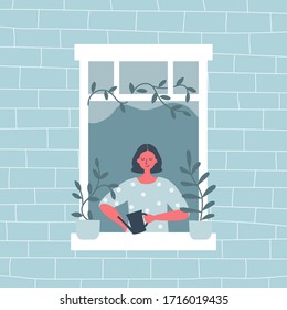 Young woman is watering flowers on a windowsill. The woman at the open window. View from the street side. Funky flat style. Vector illustration