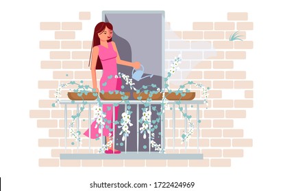 A young woman is watering flowers on the balcony. Activity and hobbies during the coronavirus pandemic. Flat Art Vector Illustration