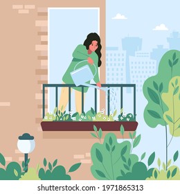 Young woman watering flowers on the balcony. Taking care of house plants. Flat vector illustration