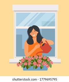 Young woman is watering flowers. Vector flat illustration