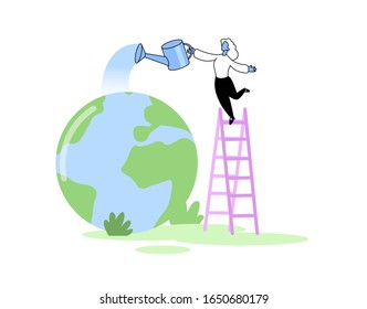 Young woman watering the globe, earth planet. Volunteers taking care about planet ecology concept. Environment, nature protection. Cartoon flat vector illustration. Isolated on white background.