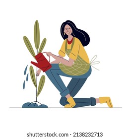 Young woman is watering a green plant. Spring gardening or farming concept, hobby garden work. Agriculture and nature concept. Vector illustration in a flat style