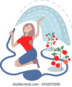 Young woman watering her vegetables with hosepipe. Eco tomatoes growing in a village. Person isolated on white background.
