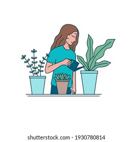 Young woman watering home plants. Caring for potted plants. Vector illustration