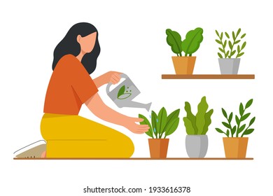 Mujer joven regando plantas de hogar. Crecer y cuidar de las macetas de flores o hierbas. El concepto de jardinería. Ilustración vectorial plana.