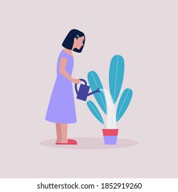 Young woman watering houseplants. Housekeeping concept. Colorful flat vector illustration.