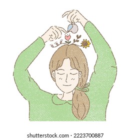 Young woman watering little plants on head that symbolize feeling, wisdom. Personal growth concept. Think Positive. Hand drawn flat cartoon character vector illustration in colored pencil texture.