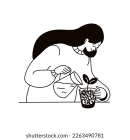 Young woman watering money tree. Personal Investment, saving money, finance management and financial literacy concept. Black and white outline doodle hand drawn vector illustration.