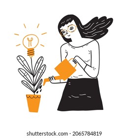 Young woman watering a plant in flowerpot with flowers. Light bulbs, creative business concept, Hand drawing Vector Illustration doodle line art style.