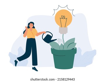 Young woman watering a plant in flowerpot with flowers. Light bulbs, creative business concept, Hand drawing Vector Illustration doodle line art style.