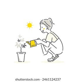 young woman watering plant, simple and friendly illustration