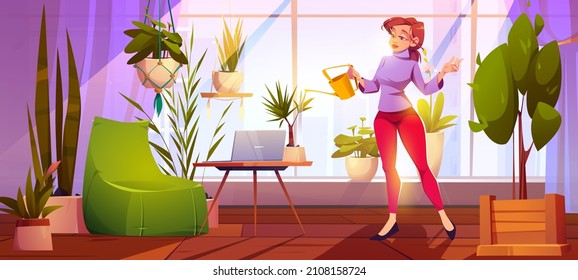Young woman watering plants at home garden, office, house or apartment room with working place, laptop, armchair at wide window with cityscape view. Girl caring for flowers Cartoon vector illustration
