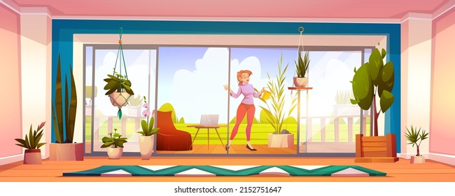 Young woman watering plants at home garden on wooden outdoor terrace. Girl care of flowers on house veranda with working place, laptop, armchair at wide window and lawn, Cartoon vector illustration