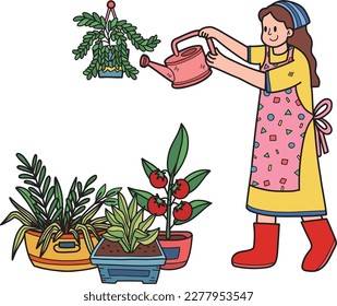 young woman watering plants illustration in doodle style isolated on background