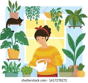 Young Woman Watering Plants In An Indoor Home Garden 