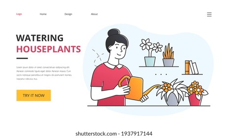 Young woman watering potted houseplants with a small watering can indoors at home, colored outlined vector illustration website landing page template